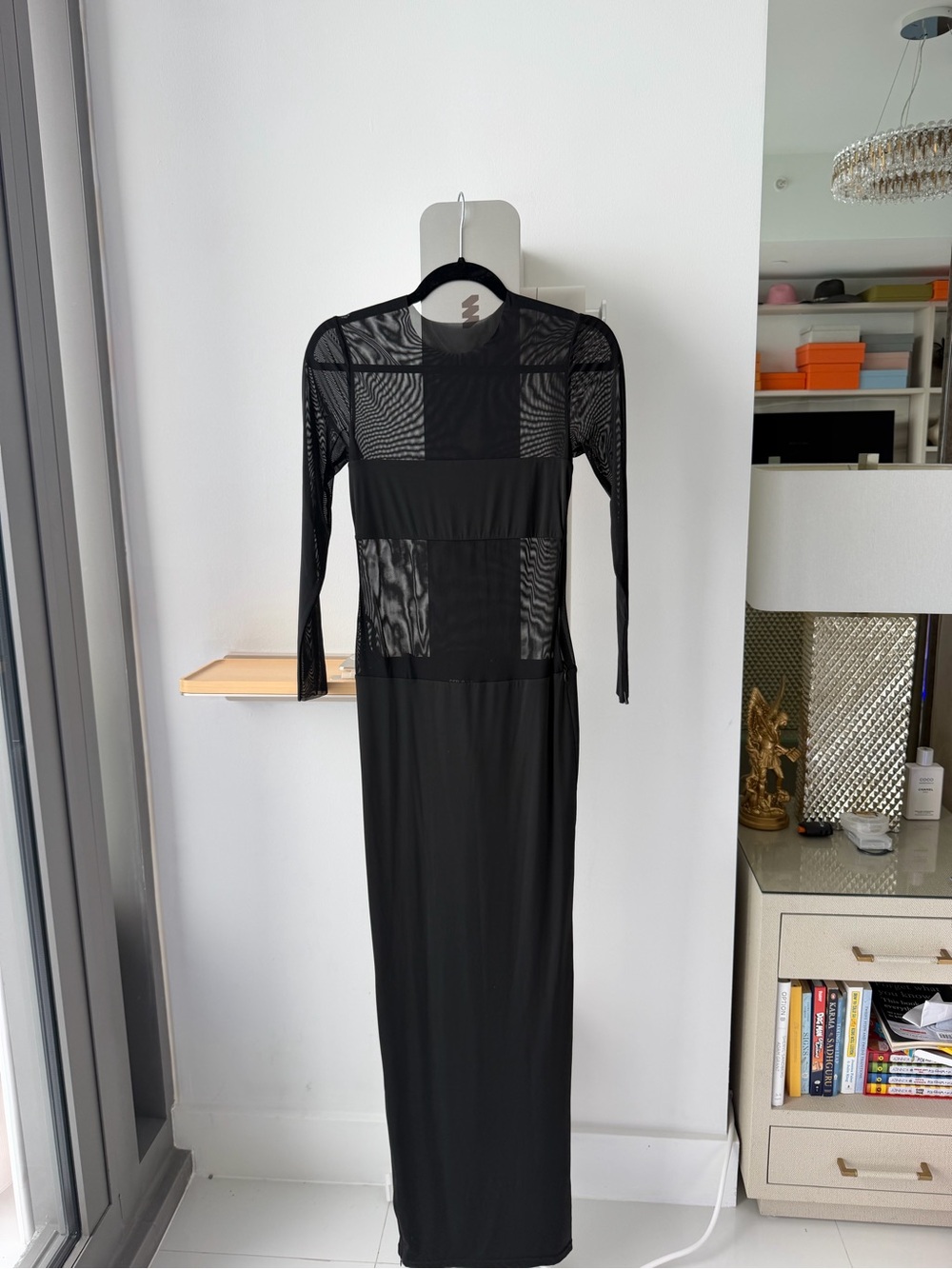 SER.O.YA Black Long Sleeve Mesh Panel Maxi Dress